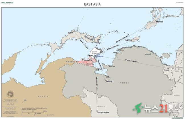  주한미군이 제작해 내부교육용으로 사용하고 있는 ‘동쪽이 위인 지도’. [사진=주한미군 사령부 제공]